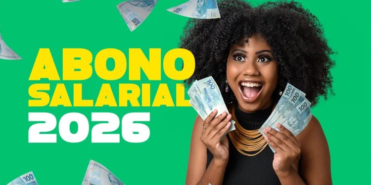 Mulher segurando notas de dinheiro em imagem sobre abono salarial 2026