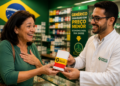 Atendente de farmácia entrega uma caixa de medicamento genérico a uma cliente sorridente