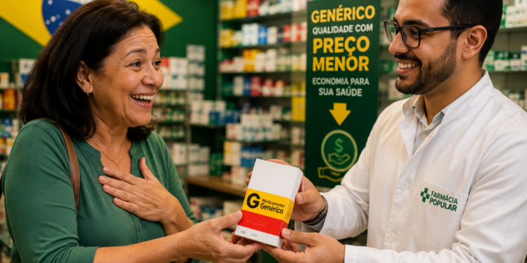 Atendente de farmácia entrega uma caixa de medicamento genérico a uma cliente sorridente