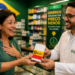 Atendente de farmácia entrega uma caixa de medicamento genérico a uma cliente sorridente