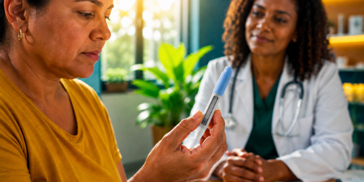 Mulher observa uma caneta de aplicação de medicamento durante consulta com uma médica