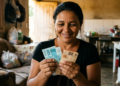 Mulher conta notas de real sorrindo dentro de casa e, ao redor, um sofá e a cozinha de uma residência simples