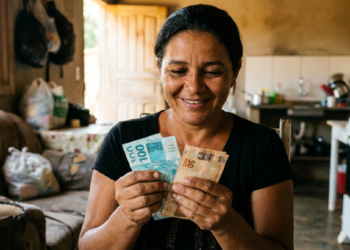 Mulher conta notas de real sorrindo dentro de casa e, ao redor, um sofá e a cozinha de uma residência simples