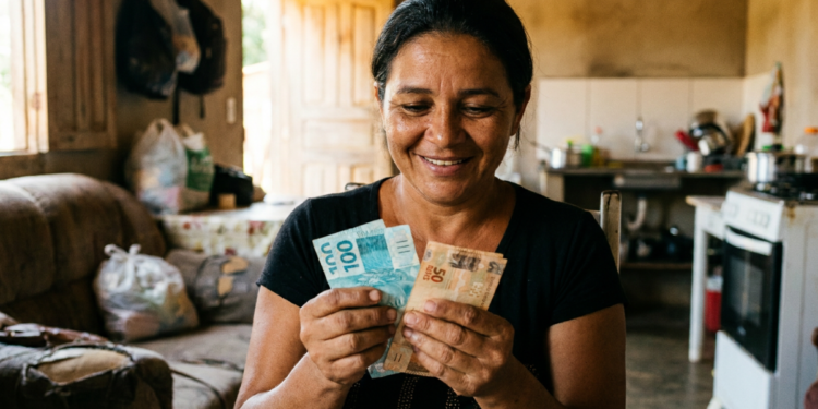 Mulher conta notas de real sorrindo dentro de casa e, ao redor, um sofá e a cozinha de uma residência simples