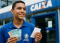 Estudante sorri segurando notas de real e um comprovante e, ao redor, a fachada azul de uma agência da Caixa