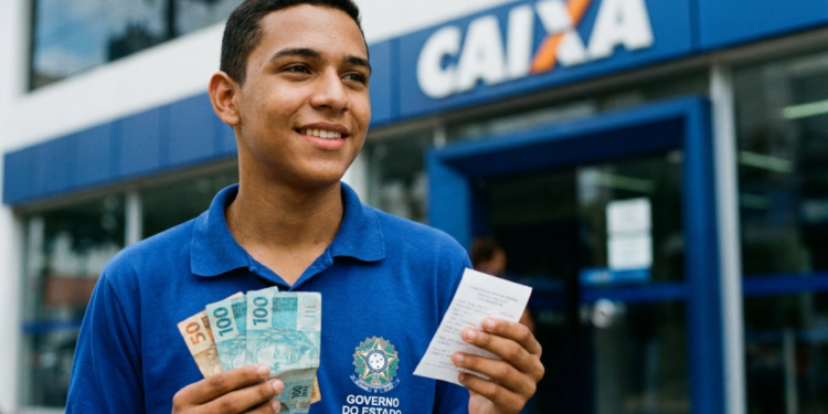 Estudante sorri segurando notas de real e um comprovante e, ao redor, a fachada azul de uma agência da Caixa