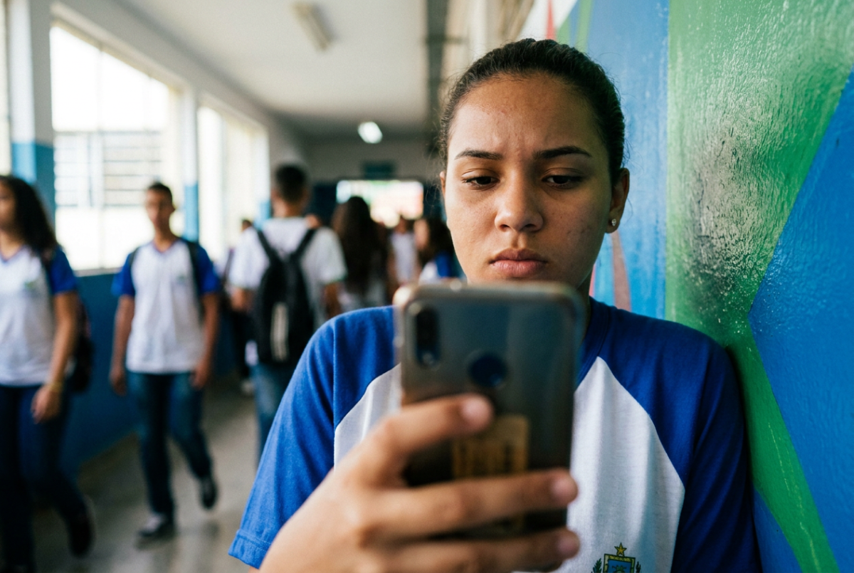 Estudante de uniforme usa o celular encostada na parede e, ao redor, outros alunos circulam pelo corredor da escola