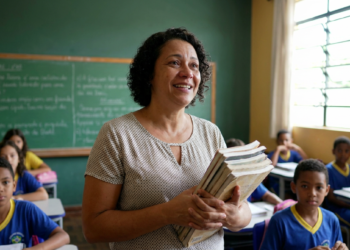 Professora segura livros didáticos em sala de aula com alunos uniformizados