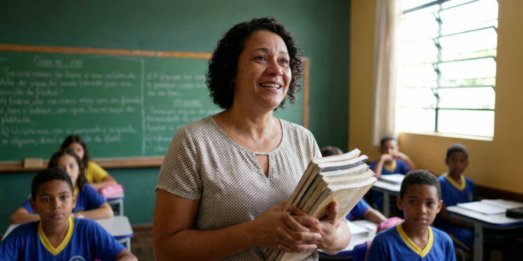 Professora segura livros didáticos em sala de aula com alunos uniformizados