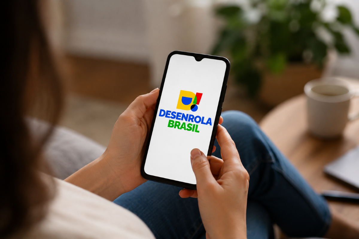 Pessoa segurando celular com aplicativo do Desenrola Brasil na tela