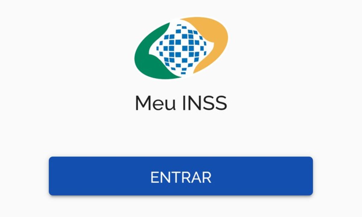 Tela de login do aplicativo Meu INSS com o logotipo do órgão e o botão azul "Entrar"