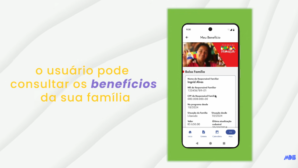 Tela do aplicativo Bolsa Família exibindo dados do benefício do responsável familiar