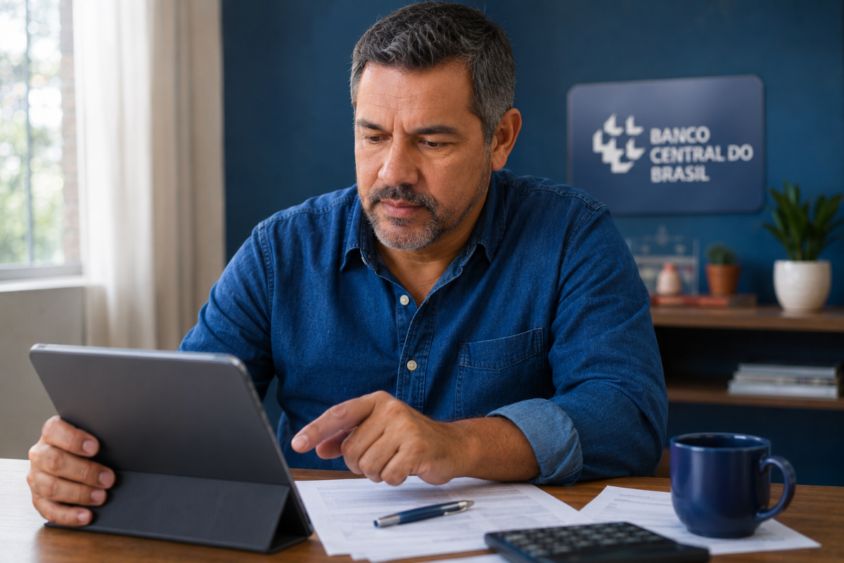 Homem consulta um tablet em uma mesa de trabalho, com o logotipo do Banco Central ao fundo