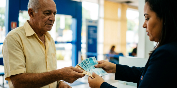 Idoso recebendo notas de real de uma atendente