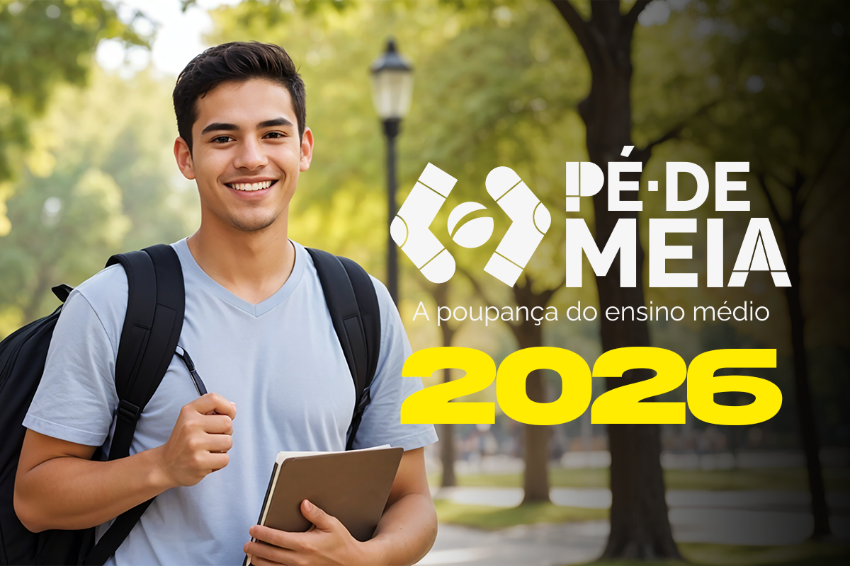 Estudante com mochila segurando caderno ao lado do logo do Pé-de-Meia 2026
