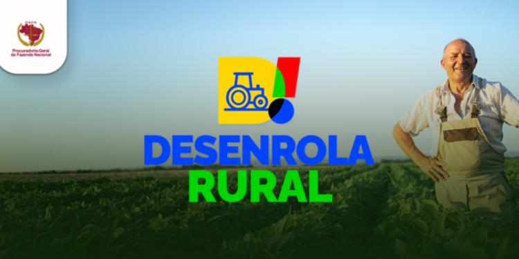 Produtor rural em plantação ao lado da identidade visual do programa Desenrola Rural