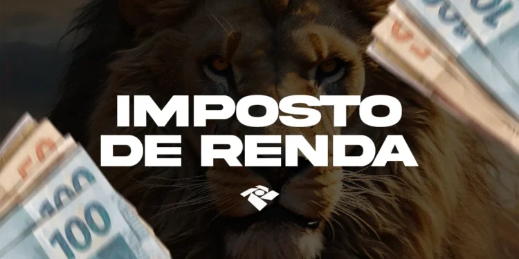 Leão do Imposto de Renda com notas de dinheiro ao redor
