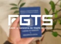 Pessoa segurando carteira de trabalho com logo do FGTS