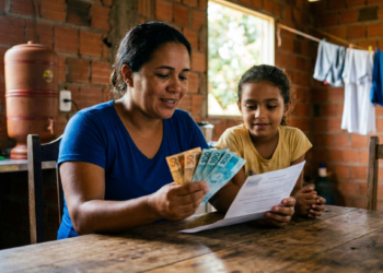Mãe e filha conferem cédulas de real e documento em casa