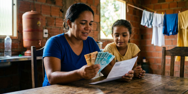 Mãe e filha conferem cédulas de real e documento em casa