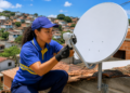 Técnica uniformizada instala antena parabólica no telhado com casas ao fundo