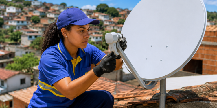 Técnica uniformizada instala antena parabólica no telhado com casas ao fundo
