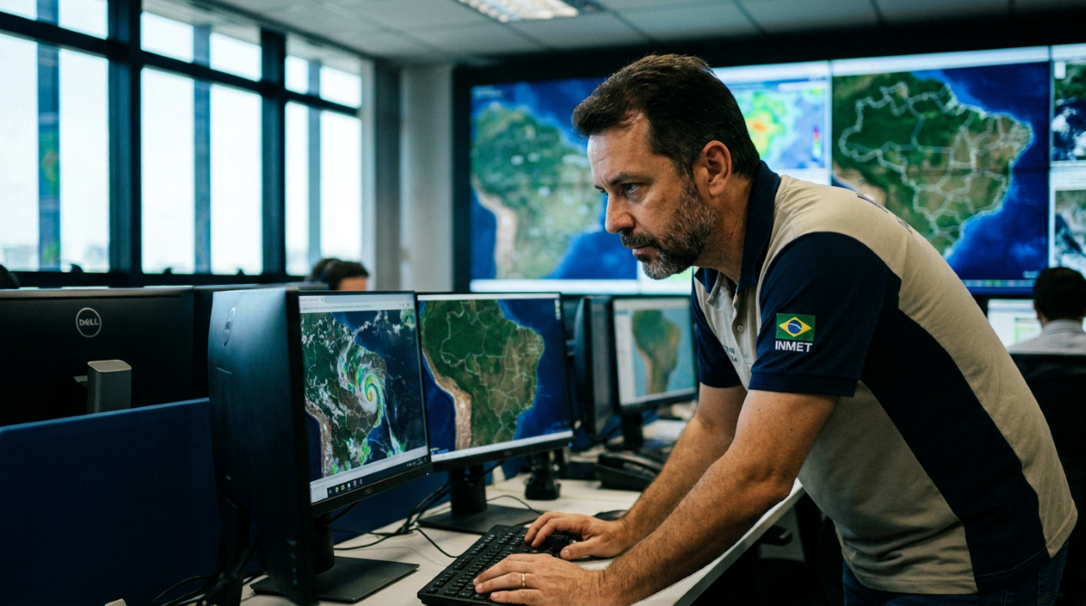 Meteorologista do INMET acompanha imagens de satélite em sala de monitoramento