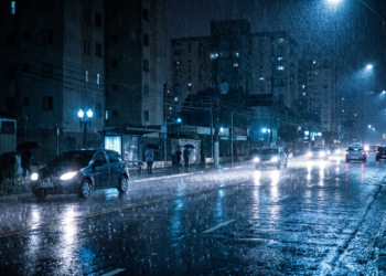 Avenida urbana à noite sob forte chuva