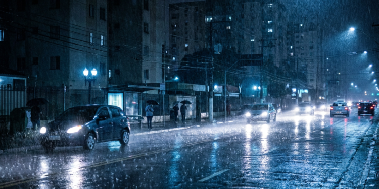 Avenida urbana à noite sob forte chuva