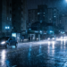 Avenida urbana à noite sob forte chuva