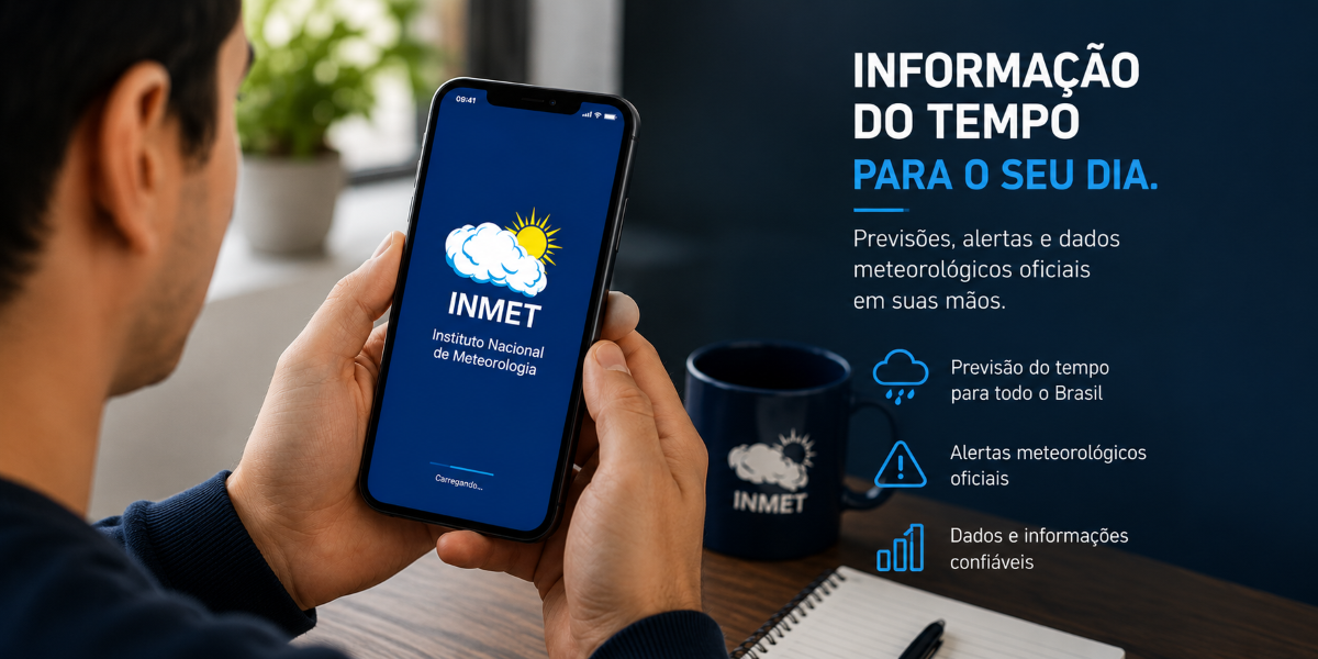 Homem segura um celular com o aplicativo do INMET e, ao redor, uma caneca