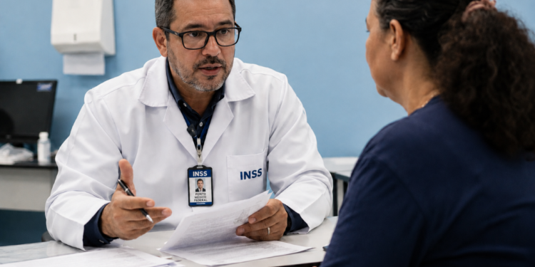 Perito médico do INSS de jaleco branco conversa com uma segurada à mesa durante atendimento de perícia