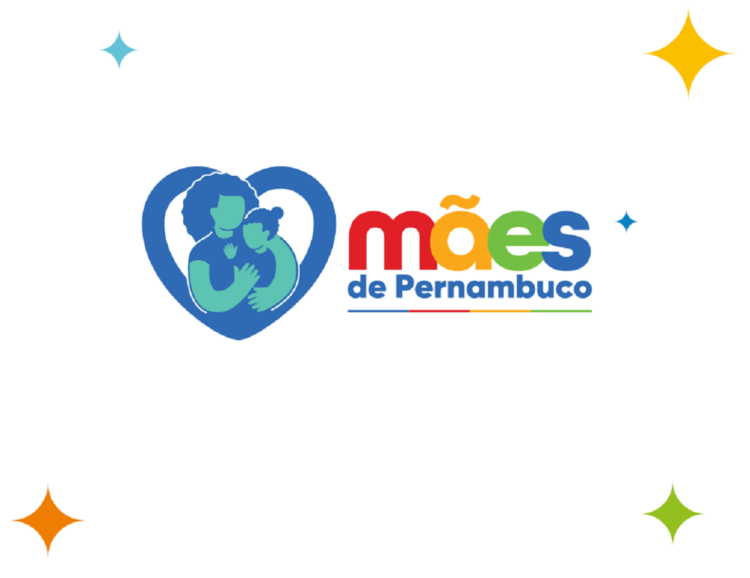 Logo Mães de Pernambuco com silhueta azul e verde de mãe abraçando criança dentro de coração, texto colorido.