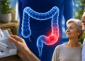 Montagem com um kit de teste, uma ilustração do intestino e, ao redor, um casal de idosos