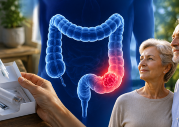 Montagem com um kit de teste, uma ilustração do intestino e, ao redor, um casal de idosos