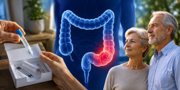 Montagem com um kit de teste, uma ilustração do intestino e, ao redor, um casal de idosos