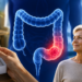 Montagem com um kit de teste, uma ilustração do intestino e, ao redor, um casal de idosos
