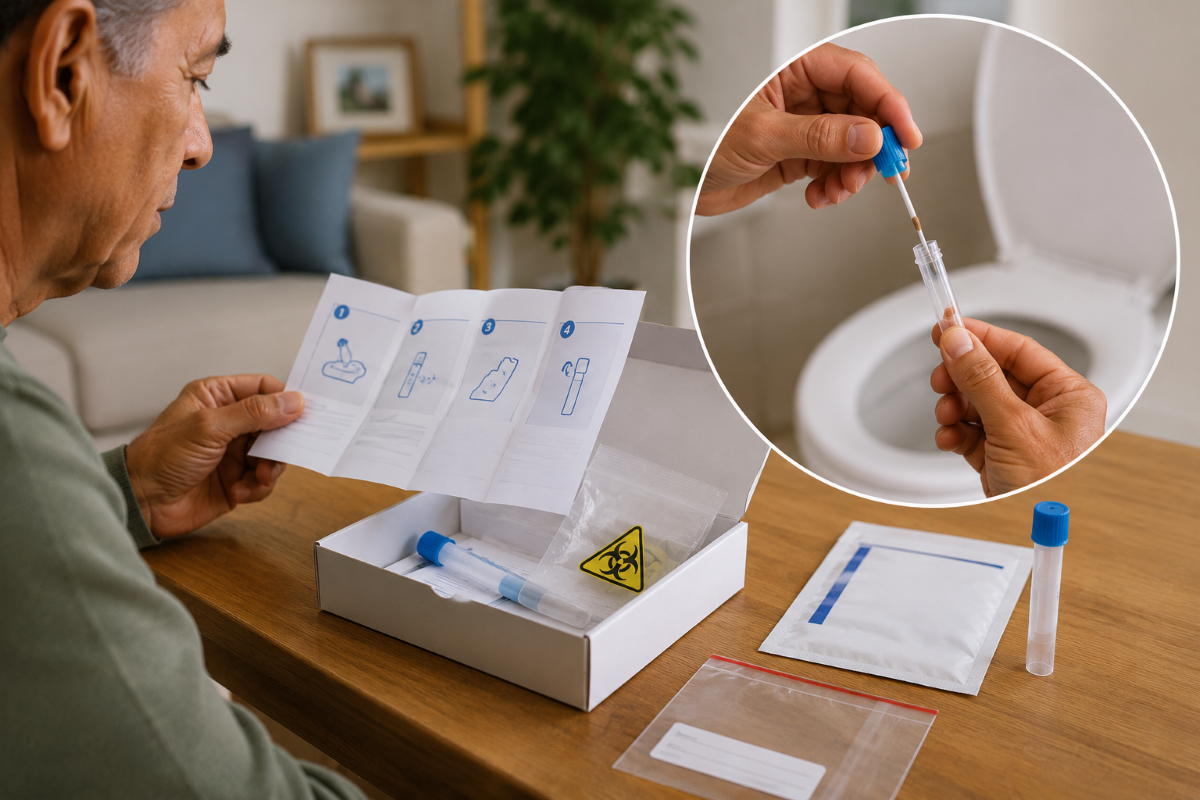 Homem lê as instruções de um kit de teste sobre a mesa e, ao redor, tubos de coleta