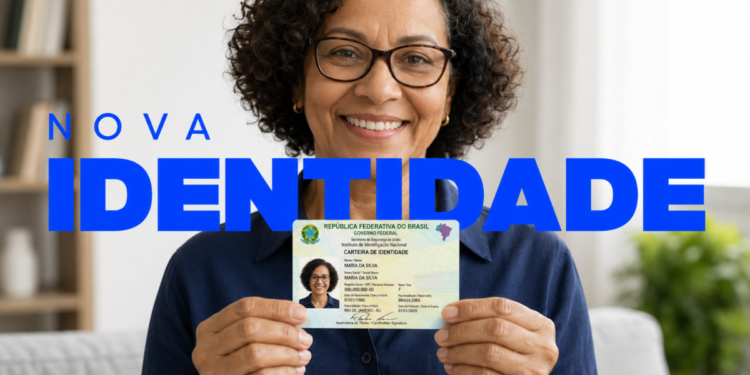 Mulher sorrindo segura nova Carteira de Identidade em frente ao texto nova identidade