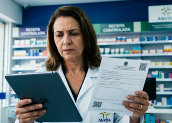 Farmacêutica confere uma receita controlada com tablet na mão, em referência ao novo sistema digital da Anvisa.