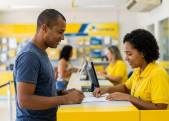 Homem sendo atendido por funcionária dos Correios