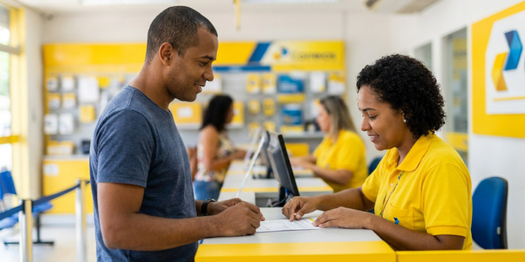 Homem sendo atendido por funcionária dos Correios