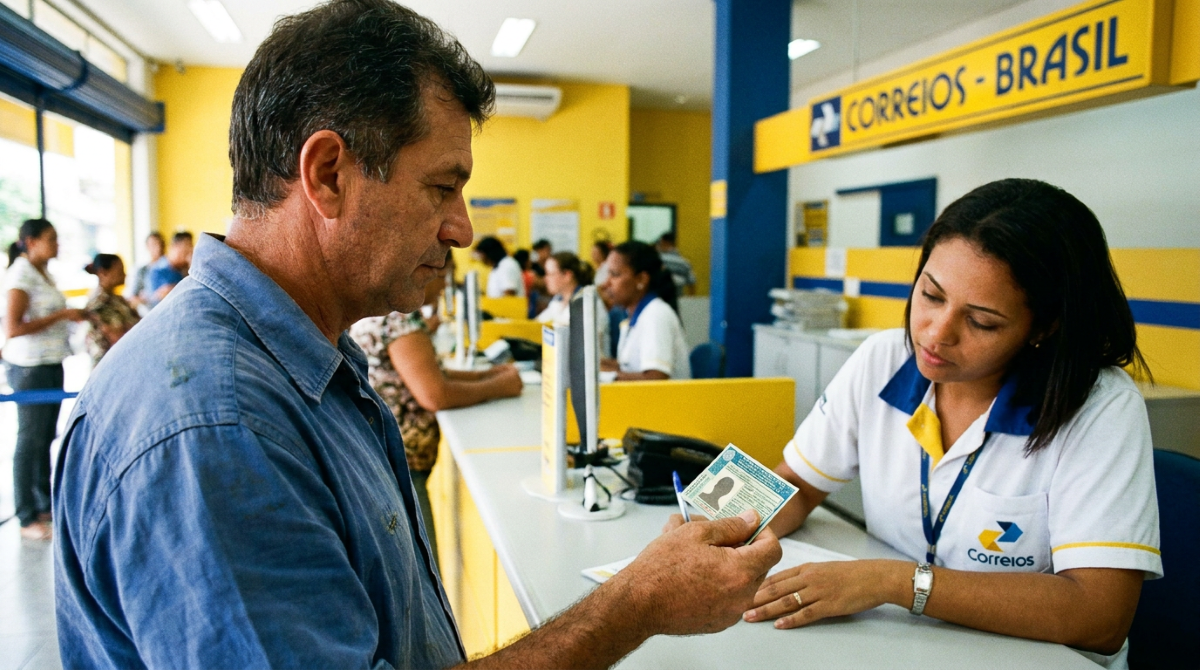 Homem apresenta documento à atendente dos Correios