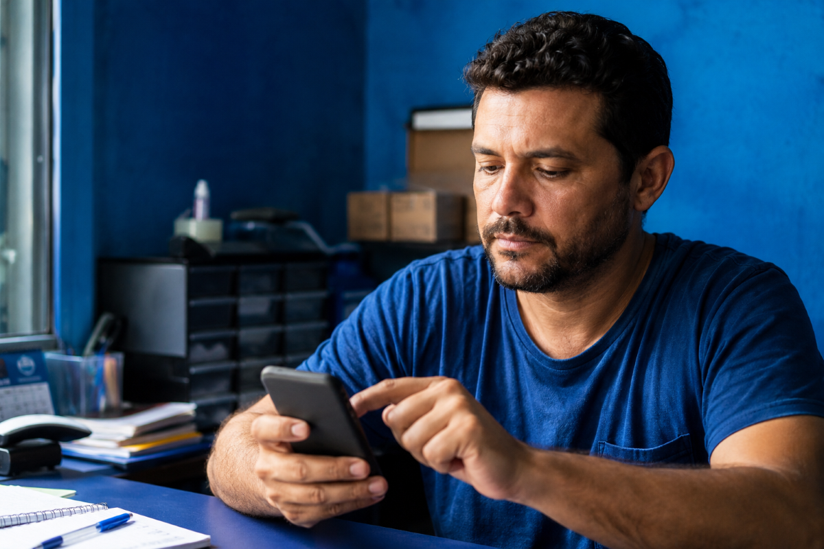 Homem de camiseta azul mexe no celular concentrado, sentado a uma mesa de trabalho com agenda e caixas ao fundo