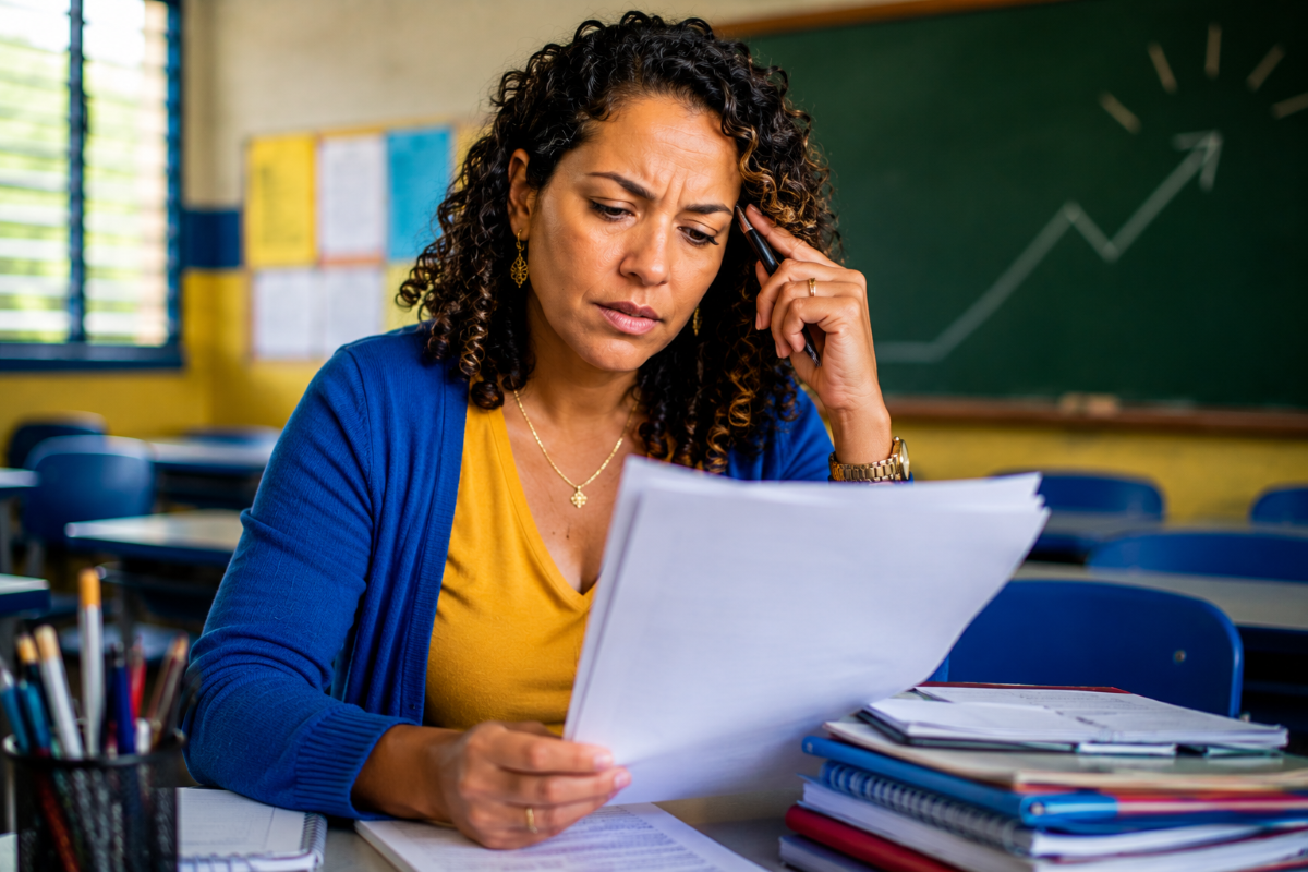 Professora analisa documentos com expressão concentrada, sentada à mesa de uma sala de aula