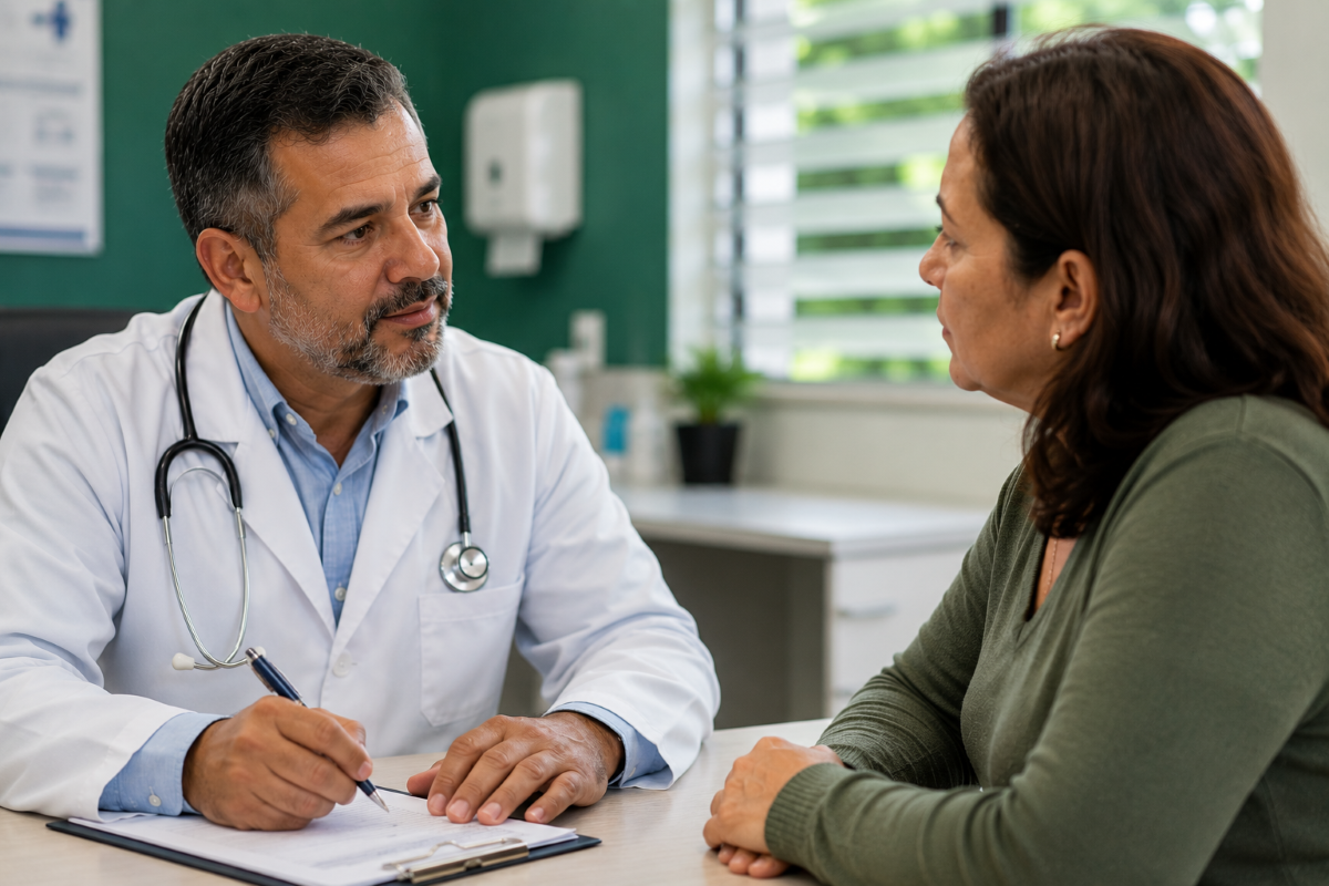 Médico conversa com uma paciente em consultório enquanto anota informações em uma prancheta