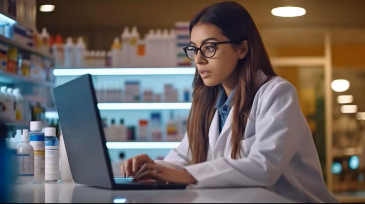 Profissional da saúde utilizando computador em ambiente farmacêutico durante análise de medicamentos