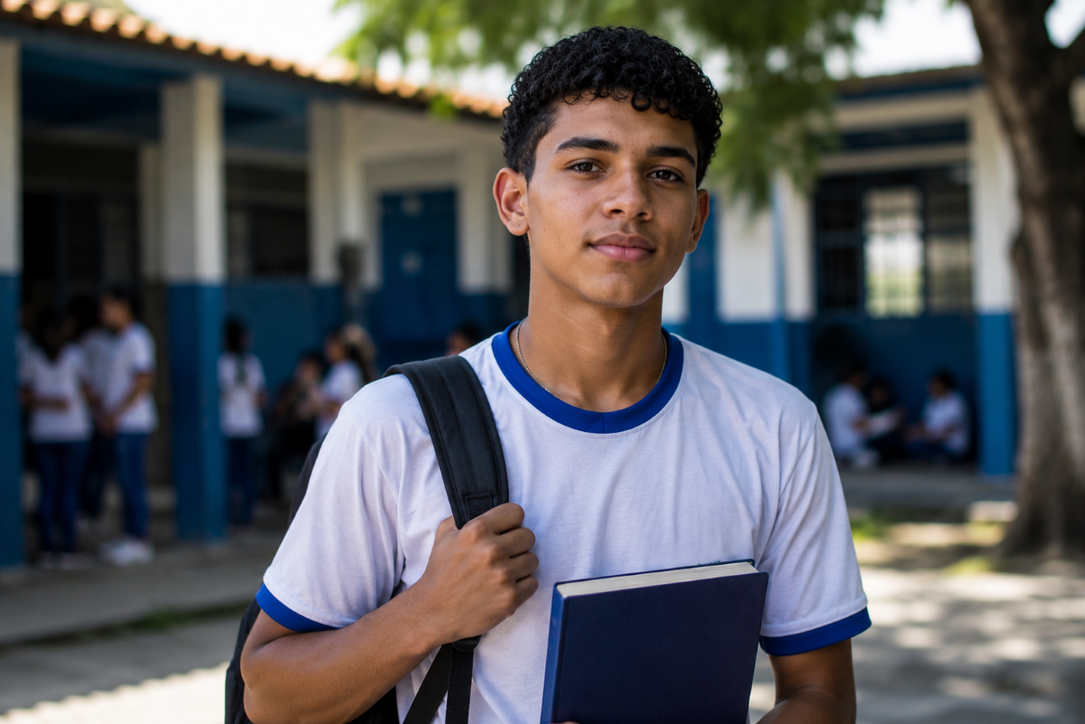 Estudante de uniforme segura um livro no pátio de uma escola
