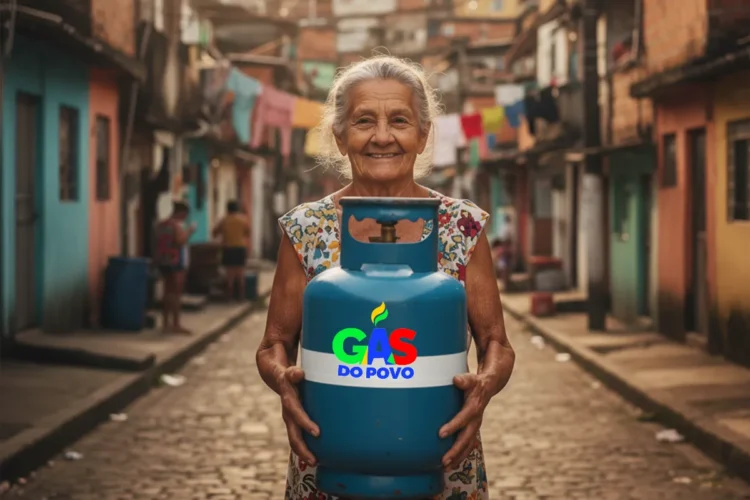 Mulher idosa sorridente de vestido floral segura botijão de gás azul em viela de casas coloridas.
