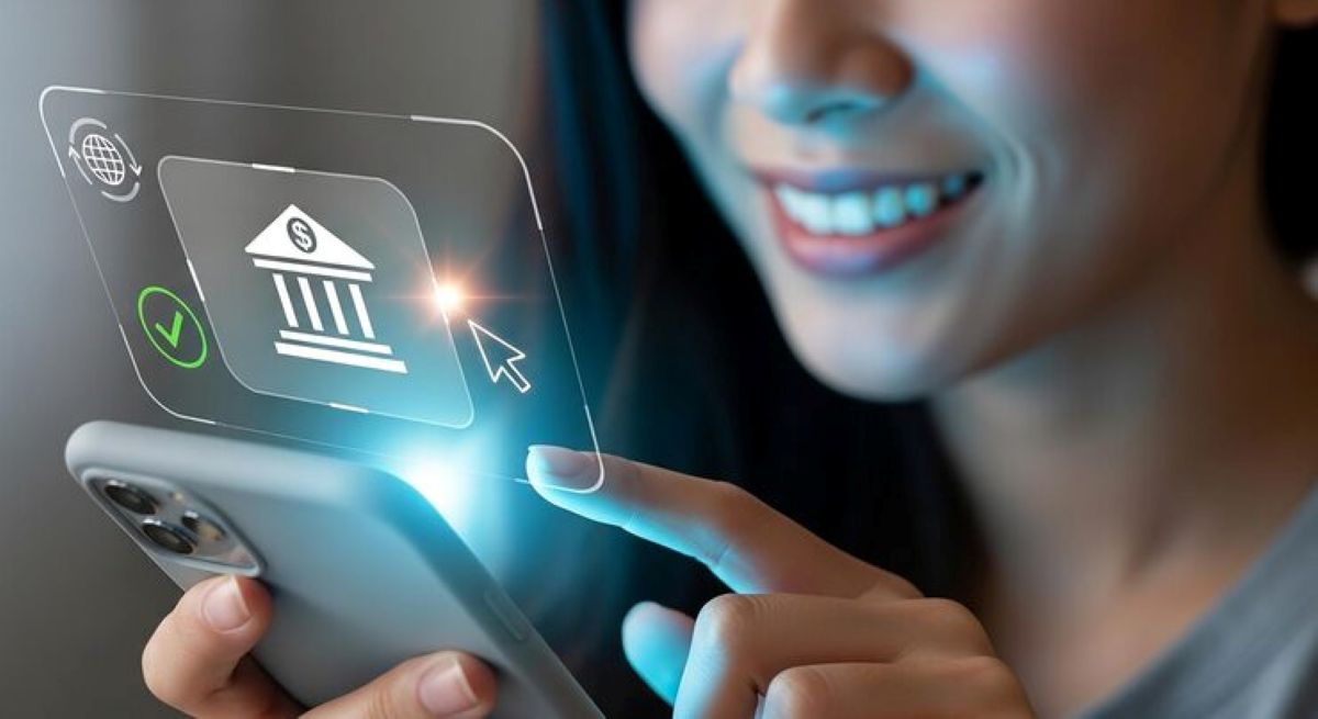 Mulher utilizando celular com ícone digital de banco representando renegociação de dívidas online